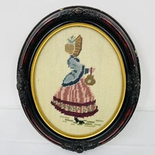 Vintage Antique Oval Wood Framed Handmade Needlepoint Victorian Bonnet Ornate