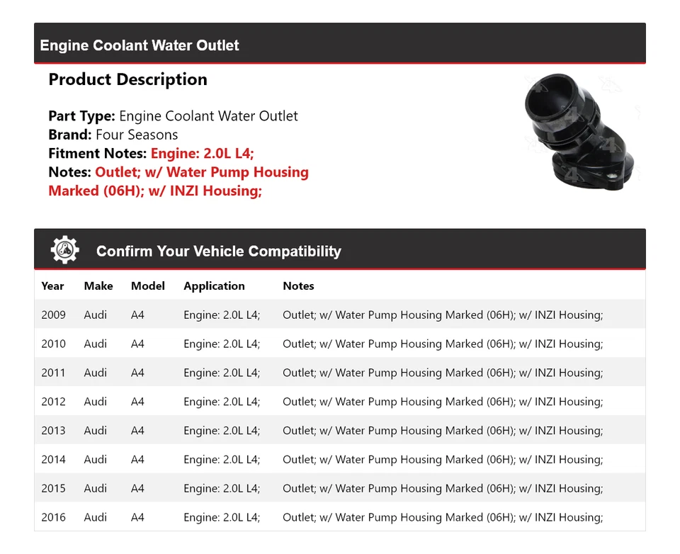 Salida de agua refrigerante motor L4 2,0 L para Audi A4 2009-2016 4 estaciones 2010 2011 Foto 2 de 4