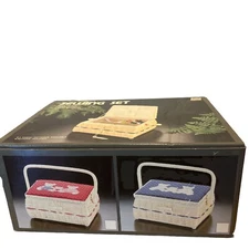 VINTAGE SEWING SET BASKET With Notions Blue Quilted New In Box