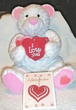  A18 -Valentine White Plush Bear wi "I Love You" Hearts- 24"T  Heart Gift Tag