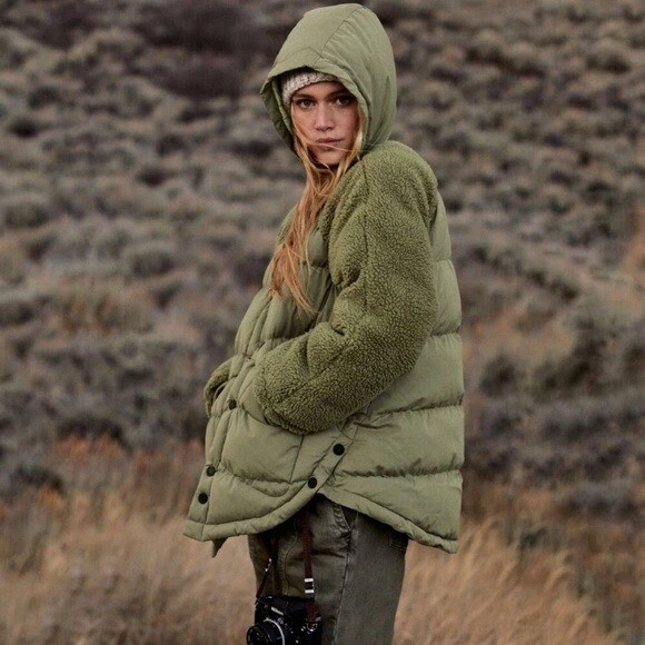 Anthropologie Pilcro Swing Sherpa Puffer Jacket in Moss Green New XS