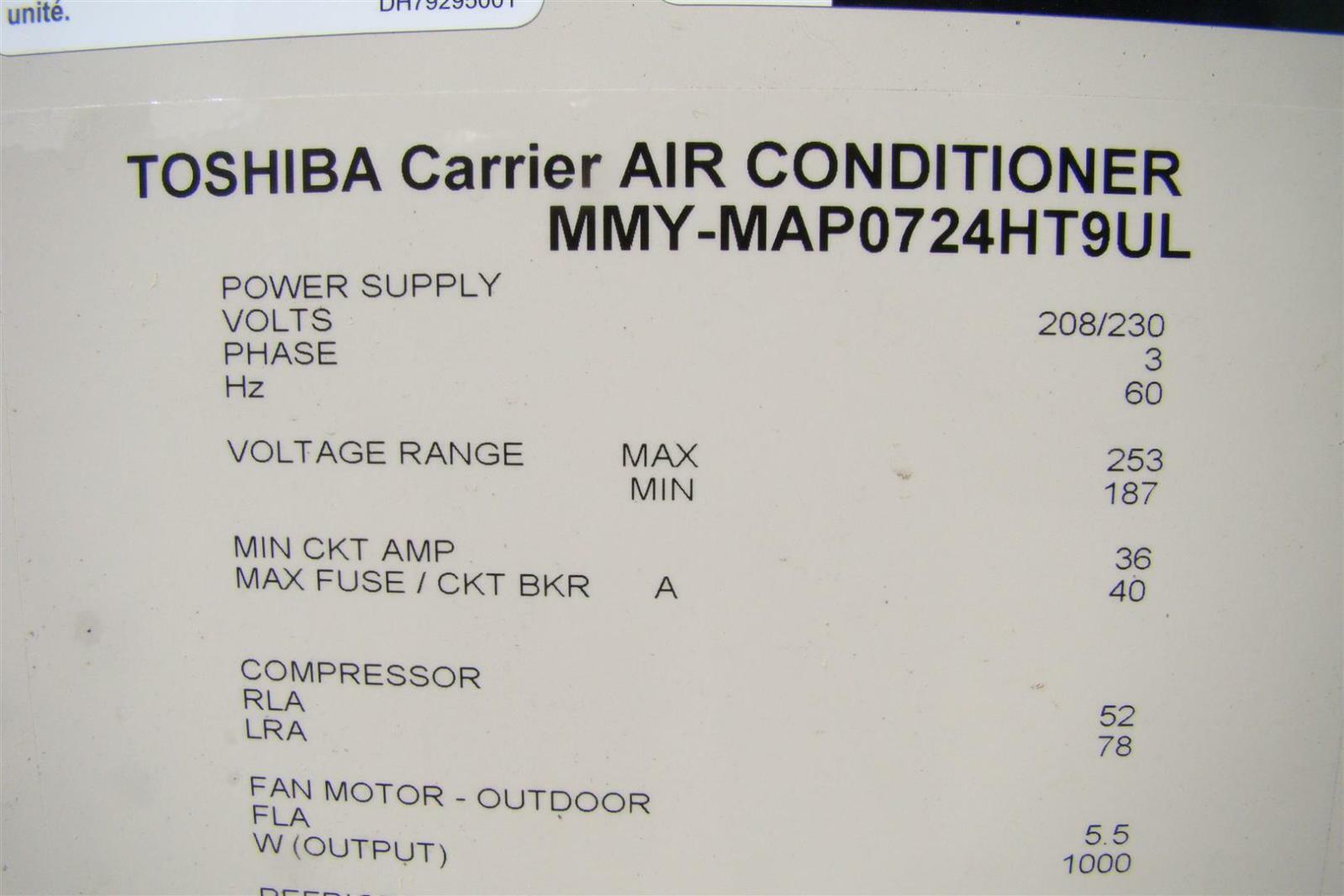 Toshiba Air Conditioner 208/230V, 3Ph , 60Hz, MMYMAP0724HT9UL eBay