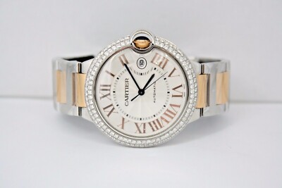 CARTIER BALLON BLEU TWO TONE 18k ROSE GOLD 42MM DIAMOND ENCRUSTED WATCH W6920095