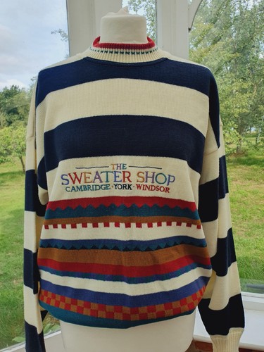 Vintage 80's Sweater Shop Jumper Striped Logo Embroidered Cream Multi - Picture 13 of 21