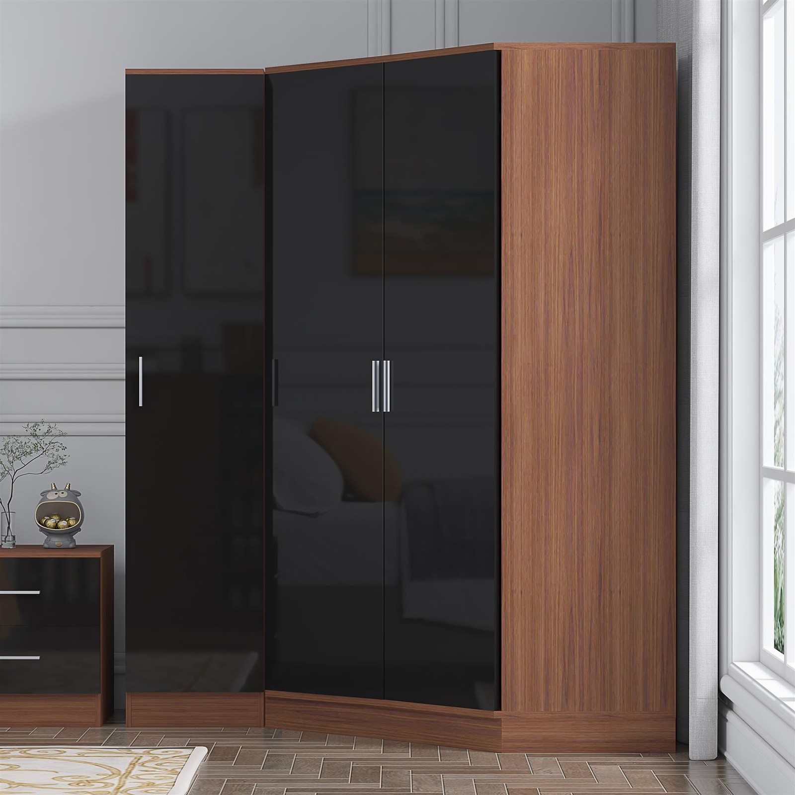 REFLECT 2 Door Corner + 1 Door Wardrobe - Black High Gloss / Walnut Matt - Image 5