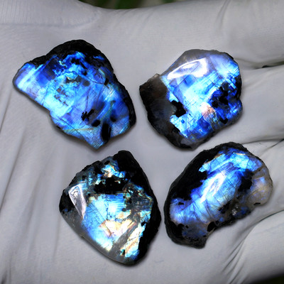 Aurora Parcel~ 4 PC Natural Rainbow Moonstone Blue Sheen Collectible Gem Slabs