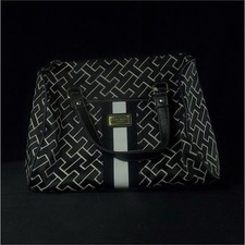 Tommy Hilfiger Black White Geometric Shoulder Bag with Logo Plate Stripe Accent