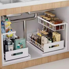 2 Tier Pull Out Under Sink Cupboard Basket Kitchen Organiser Drawer Storage Rack