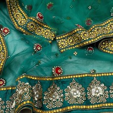 Indian Vintage Heavy Bridal Green Net Dupatta Hand Embroidered Veil Zardozi Zari