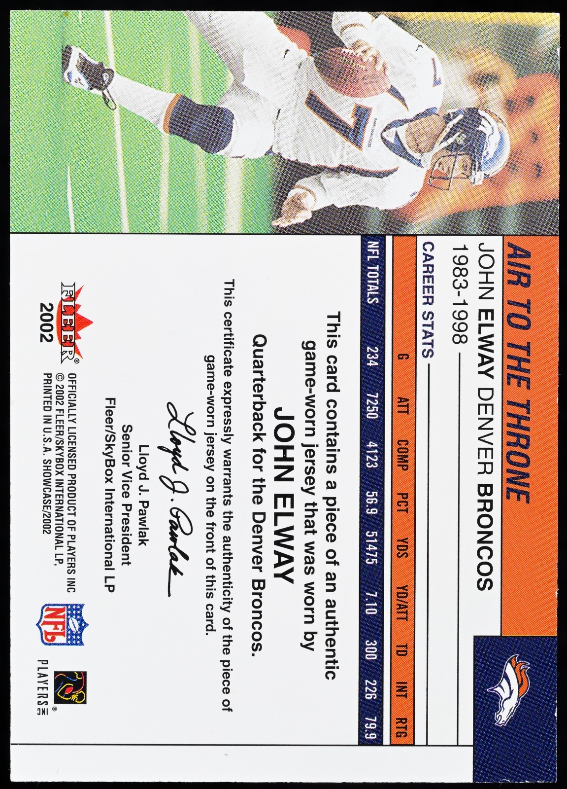 2002 Fleer Showcase - Air to the Throne John Elway Silver Game-Worn Jersey 🔥 view 2