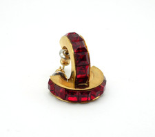 Vintage Half Hoop Red Square Rhinestone Pierced Earring Gold Tone