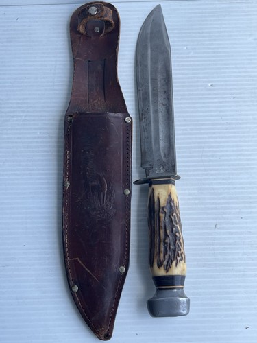 1950'S ERA E.C. SOLINGEN 8X 13" STAG HANDLED BOWIE KNIFE WITH SCABBARD