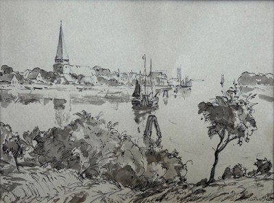 Ulrich Hübner (1872-1932) Hafenszene datiert 1920 - original signierte Wasserwäsche