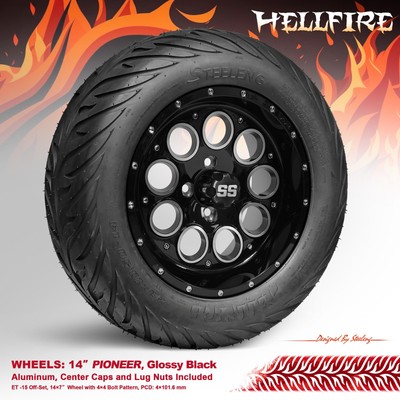 GOLF CART 14'' BLACK PIONEER WHEELS and 23''x10''-14'' 'HELLFIRE' DOT STREET TIRESx4