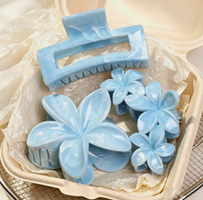 Flower Hair Claw Clip Set Blue Plastic With Teeth 4.5in for Women Adults