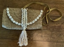 Women's Natural Woven Straw Embellished with Seashell Clutch Bag