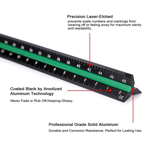 OwnMy 3 Pack 12 Inch Solid Aluminum Triangular Architect Scale Ruler Set, 3-C... - Picture 6 of 7