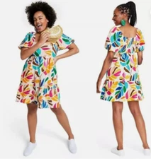 NWT Tabitha Brown Target Botanical Print Puff Sleeve Tiered Mini Dress Linen L