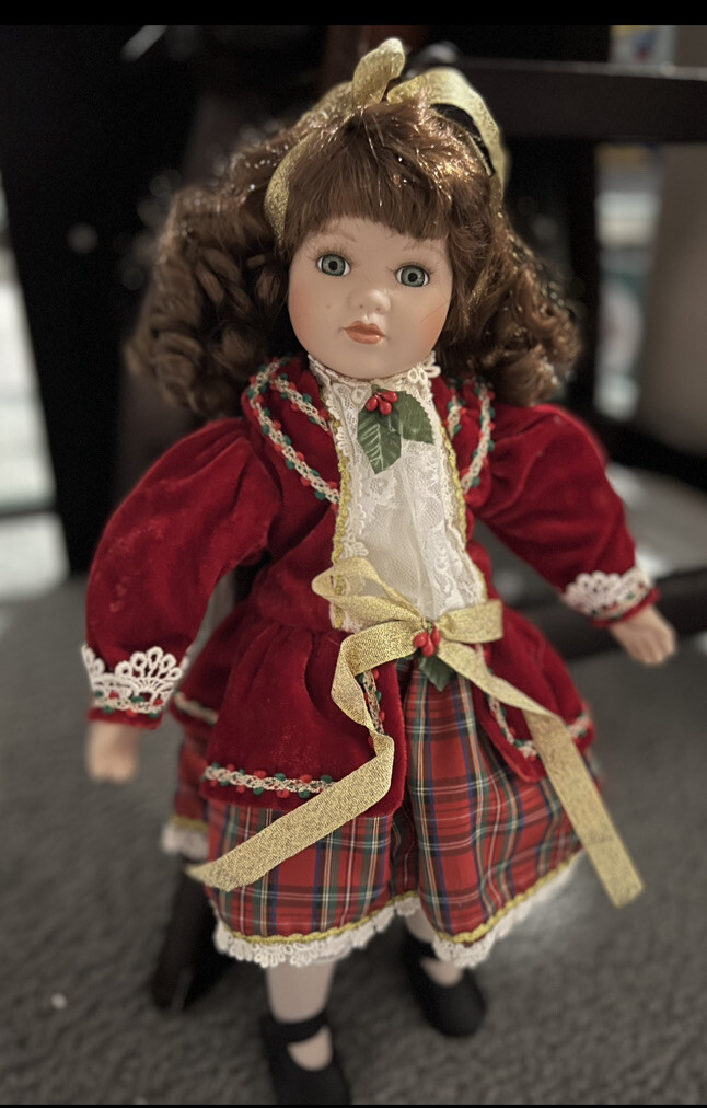 Porcelain Doll Vintage 90's W/ 17” W/ Multi Color Christmas Dress
