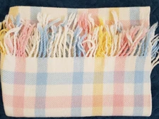 Vintage Pram Rug Blanket Fringe Check pink blue white yellow 70x80cm