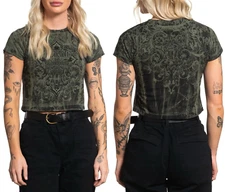 Affliction Women's T-Shirt SOUL PROMISE Baby Tee Light Sage Skull Biker Wings