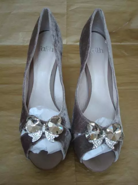 FAITH UK 8 TAUPE VELVET PEEP TOE PLATFORM HIGH COURT SHOES BNWOB