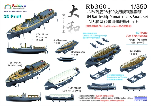 Rainbow PE 1/350 IJN Set barche classe corazzata Yamato (10 barche) Rb3601 - Foto 3 di 3
