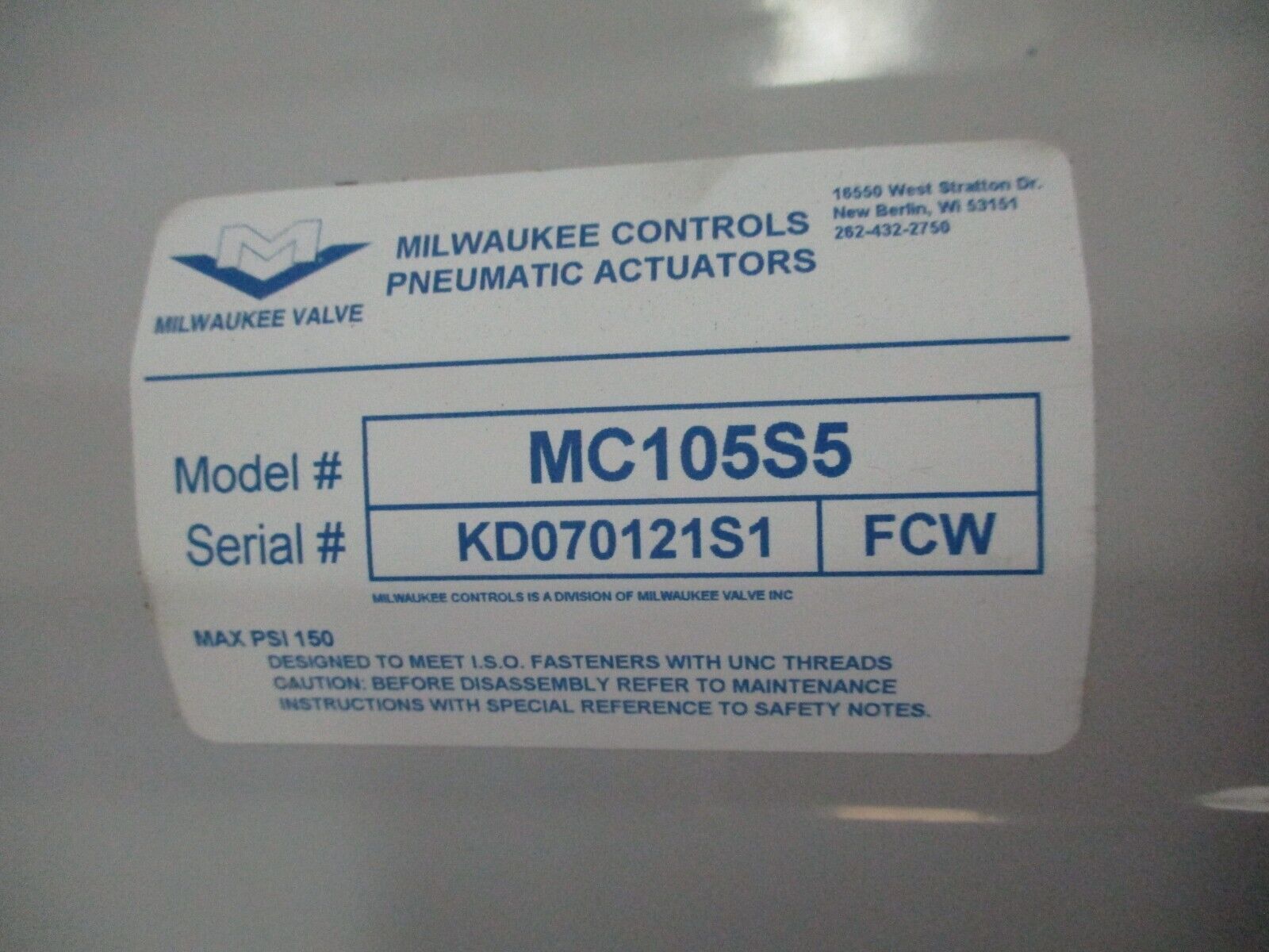 Milwaukee Controls Pneumatic Actuated Valve MC105S5 New Surplus eBay