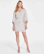 Eliza J Women's Petite Sequined Surplice V-Neck Blouson Dress Party Silver 6P