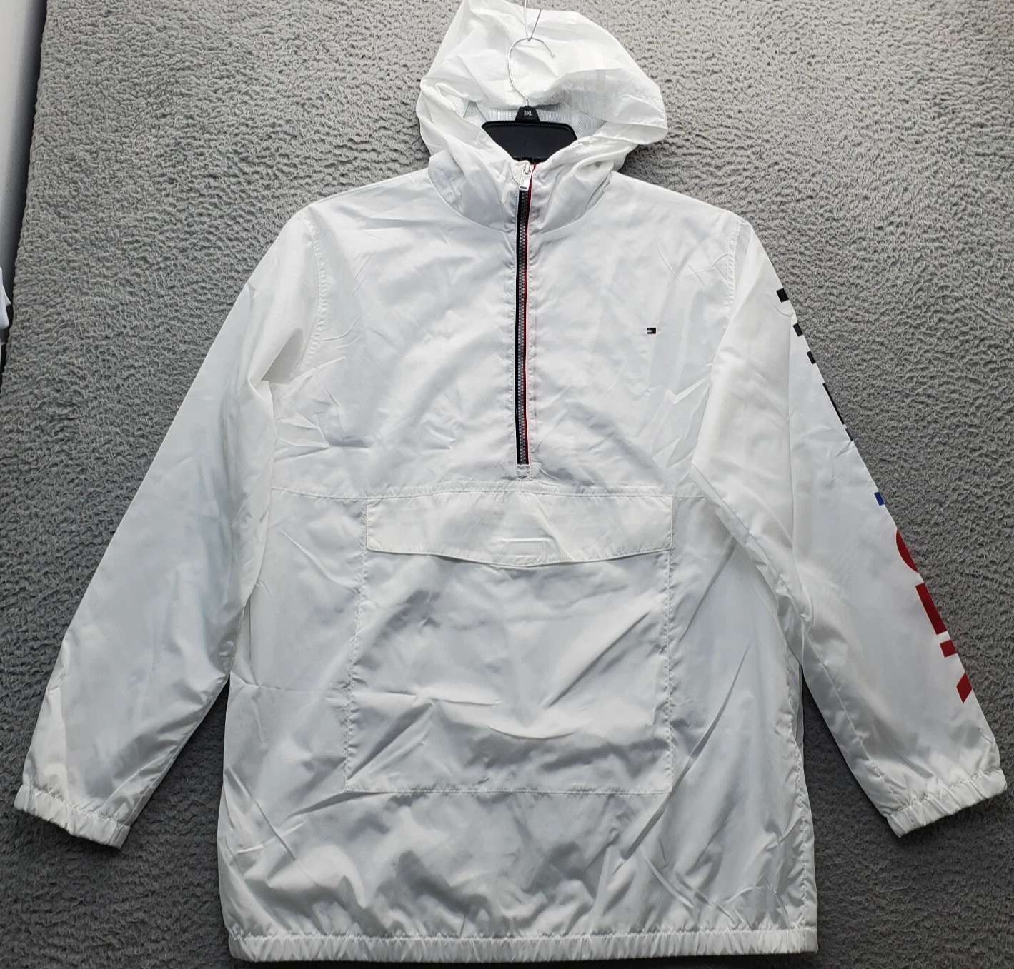 Tommy Hilfiger Windbreaker Rain Jacket Youth XL White Hood Thermal Lined 1/4 Zip