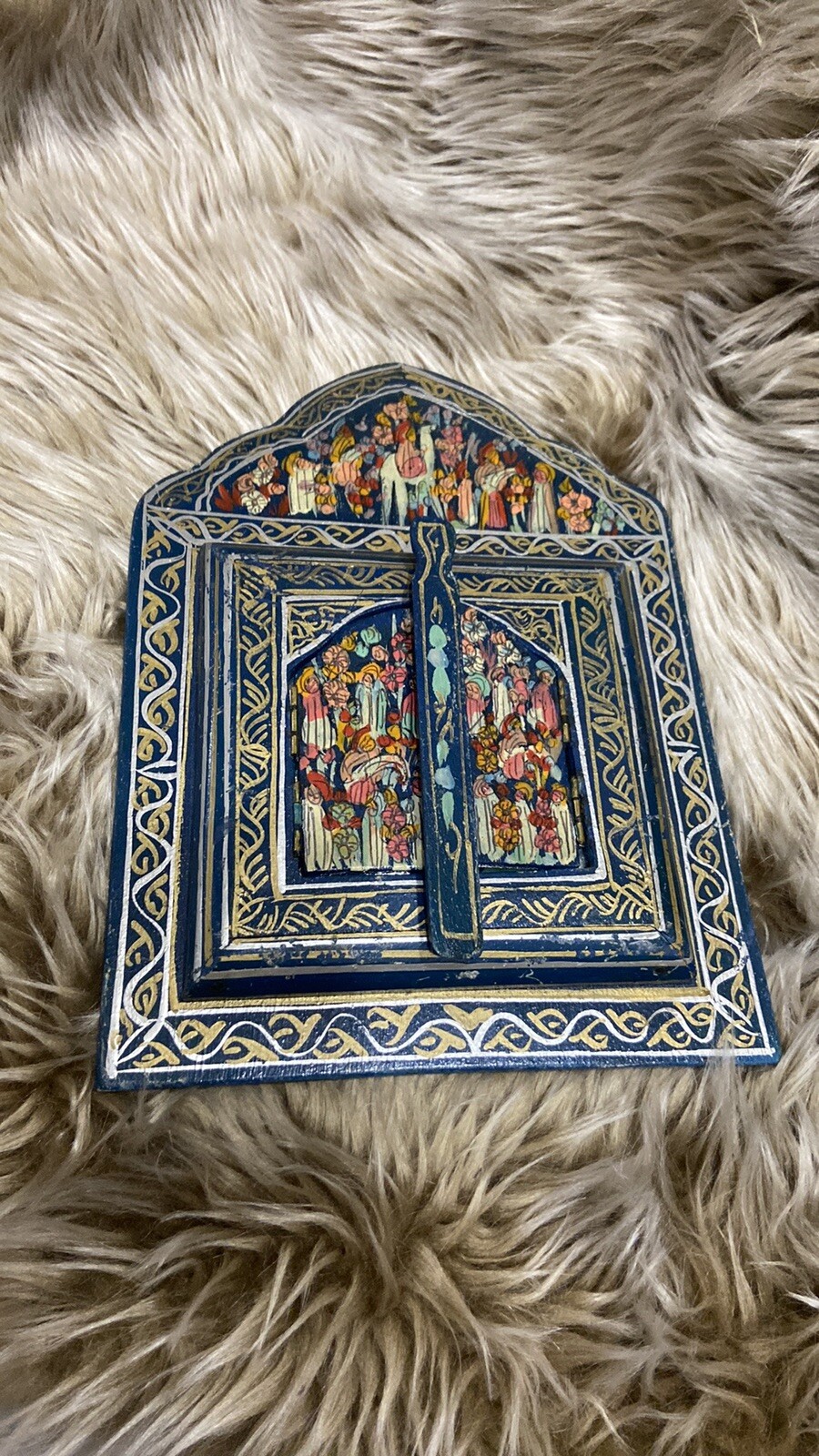 Vintage Moroccan style hand painted decorative wooden mirror with door shutters