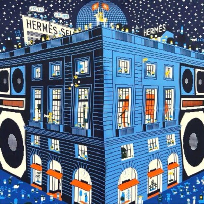 HERMES Petit Carre 45 Silk Scarf Faubourg Party pocket square Blue