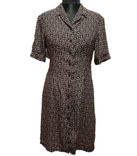 Vintage Women Navy Blue All Over Leaf Print Button Front Shirt Dress Size M