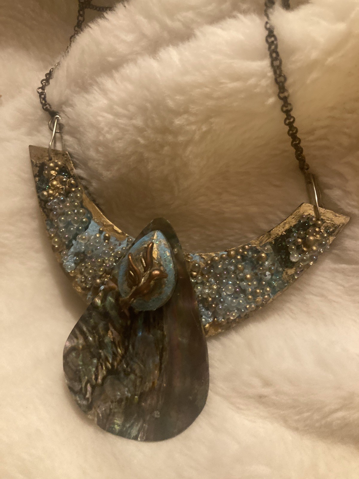 abalone shell large Statement Necklace Beads Bird… - image 10