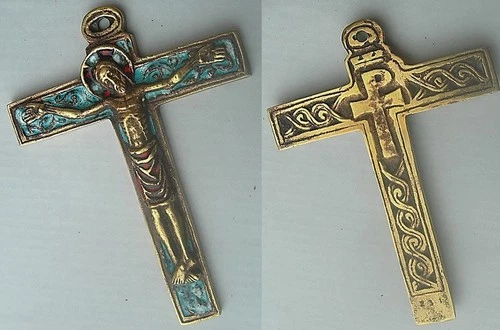 old BEAUTIFUL CROSS CRUCIFIX MEDIEVAL STYLE ENAMELLED BRONZE Dominique PIECHAUD