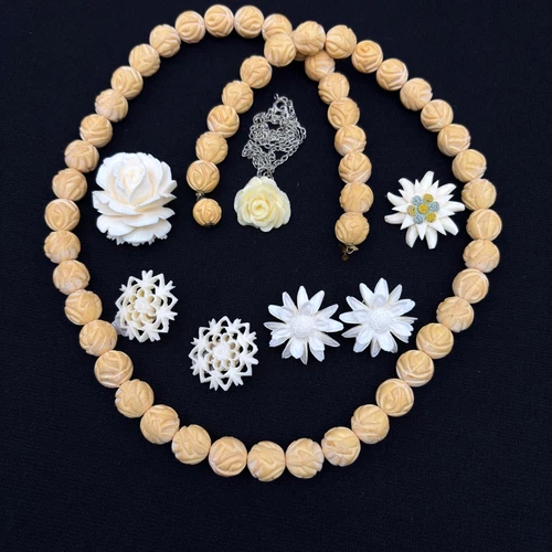 Antique Celluloid Necklace Art Deco Vintage Jewelry Lot Beaded Carved Flowers