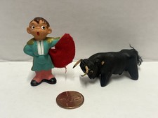 Matador Bull Spanish Mud People Red Clay Figures Vintage red cape Set of 2