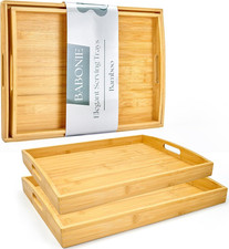 Bamboo Serving Tray Set of 2, Bamboo Trays with Handles | Decorative Bamboo Serv