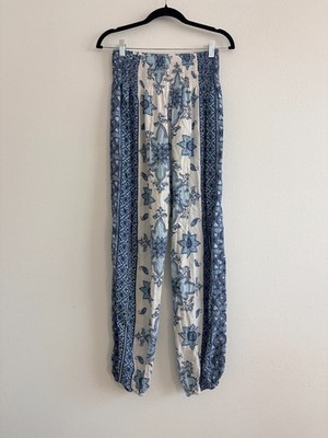 Lotus & Luna Harem Pants Women S Paisley Blue Smocked Waist Drop Crotch Boho