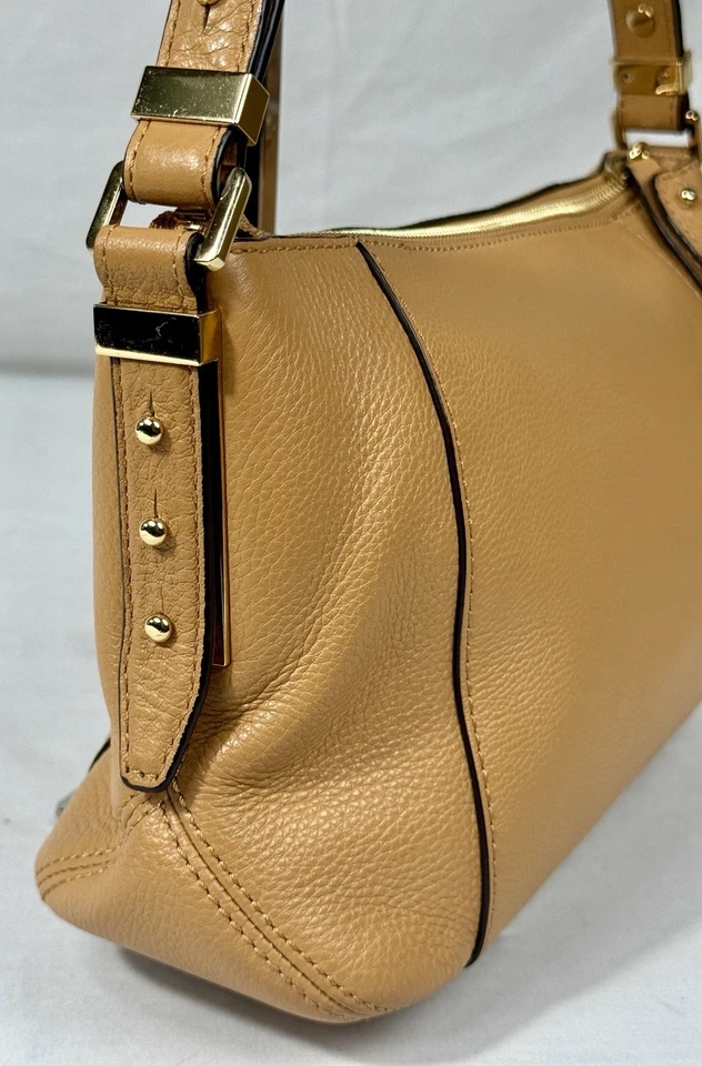 😎😎😎MICHAEL KORS CAMEL BRONCEADO Cuero Guijarro DORADO Ribete Bolso de Hombro Talla Mediana Foto 4 de 4