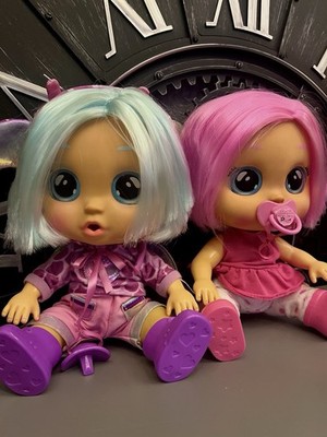 Cry Baby Set of 2 Baby Dolls with Colorful Hair   Pink & Blue Hair, Big Eyes