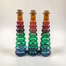 Set of 3 Rainbow Glass Bottle Vases Cork Stopper Ribbed Bubble Tower Decanter