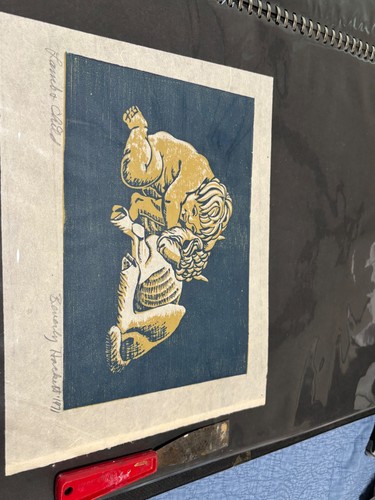 1971 Beverly Hackett Signed Block Print ‘Lamb & Child’ original MCM