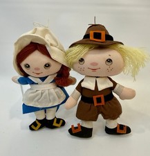 Vintage Russ Berrie Pilgrims Boy  Girl Thanksgiving Plush Doll Set 5  Hanging