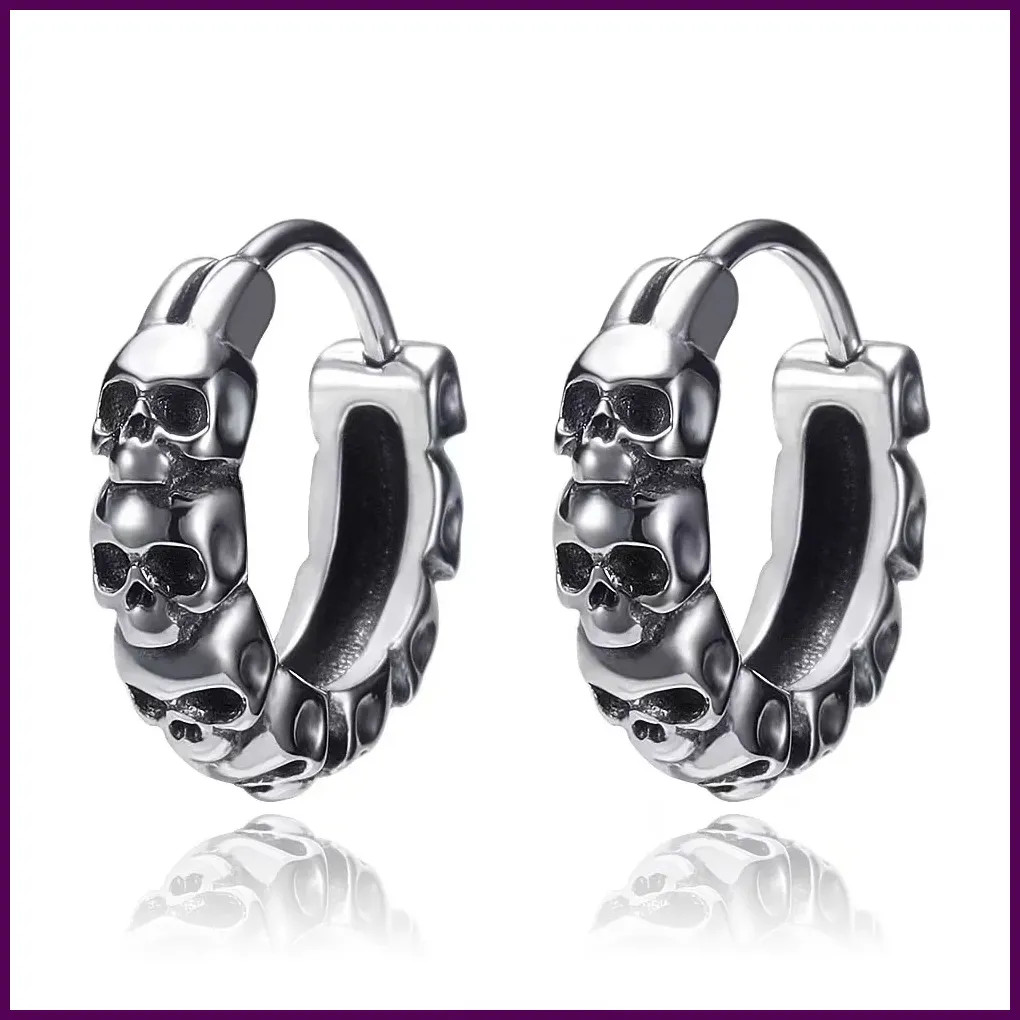 Pendientes de aro góticos con calavera completa, hipoalergénicos, con cabeza de