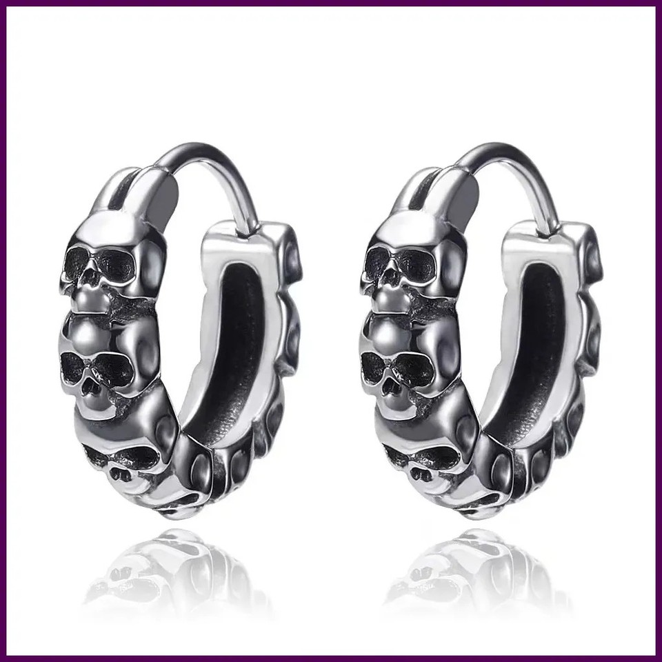 Pendientes de aro góticos con calavera completa, hipoalergénicos, con cabeza de