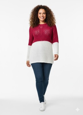 Damen Strickpullover Kirsche Creme Color Block Langarm
