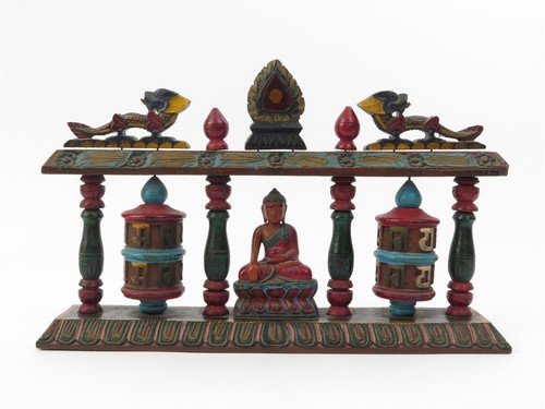 Vintage Carved & Painted Medicine Buddha w. Prayer Wheels from Nepal 17" x 10.5"