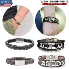 Multilayer Leather Bracelet Braided Men’s Women’s Wristband Bangle Jewelry Steel