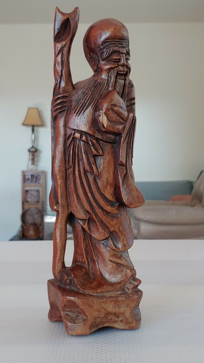 木製老翁像 約20cm ダークブラウン 楠木雕像寿星公Vintage Republic China Nanmu Wooden Hand Carved